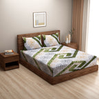 Olive Crest White & Green Damask Geometric 160 TC Pure Cotton Bedsheet with Pillow Cover