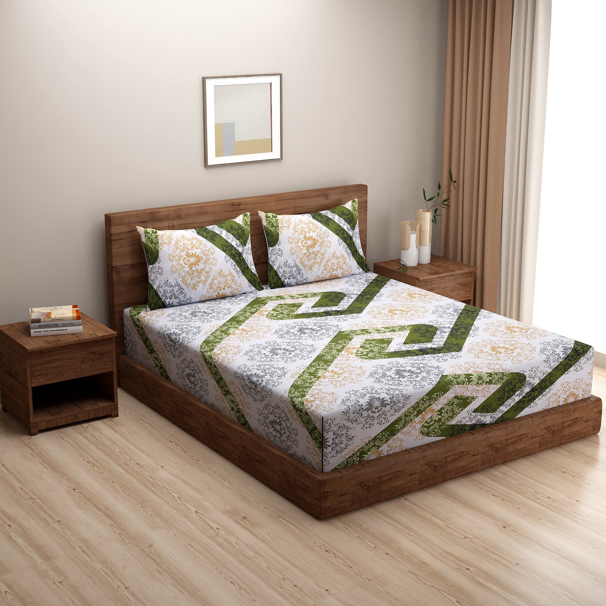 Olive Crest White & Green Damask Geometric 160 TC Pure Cotton Bedsheet with Pillow Cover
