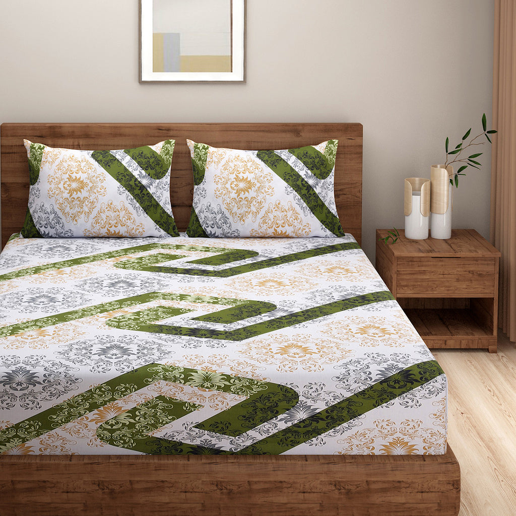 Olive Crest White & Green Damask Geometric 160 TC Pure Cotton Bedsheet with Pillow Cover