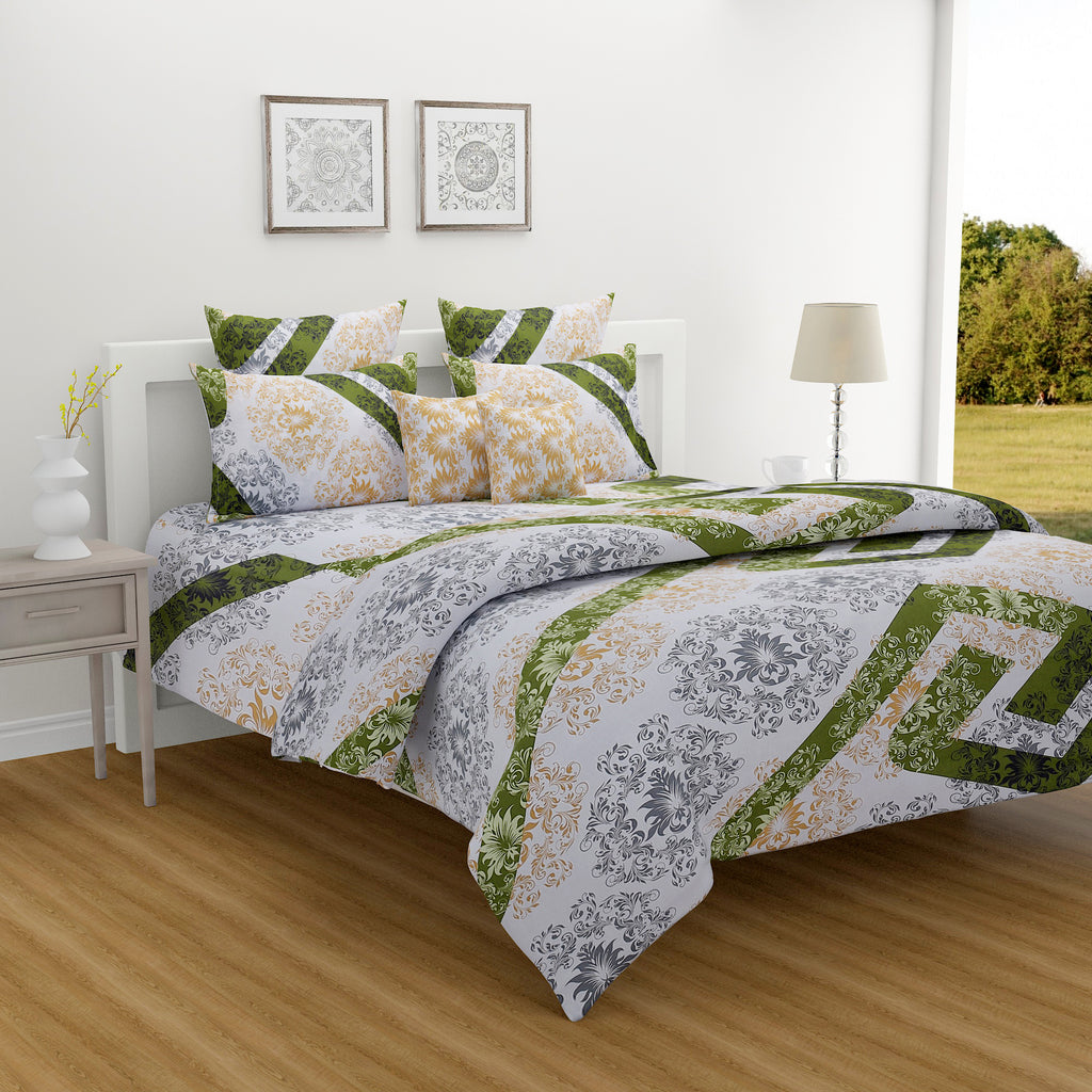 Olive Crest White & Green Damask Geometric 160 TC Pure Cotton Bedsheet with Pillow Cover