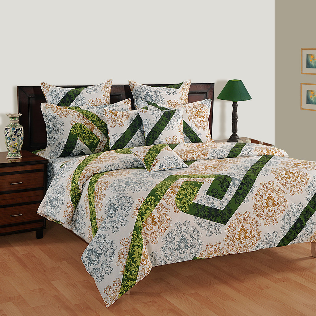 Olive Crest White & Green Damask Geometric 160 TC Pure Cotton Bedsheet with Pillow Cover