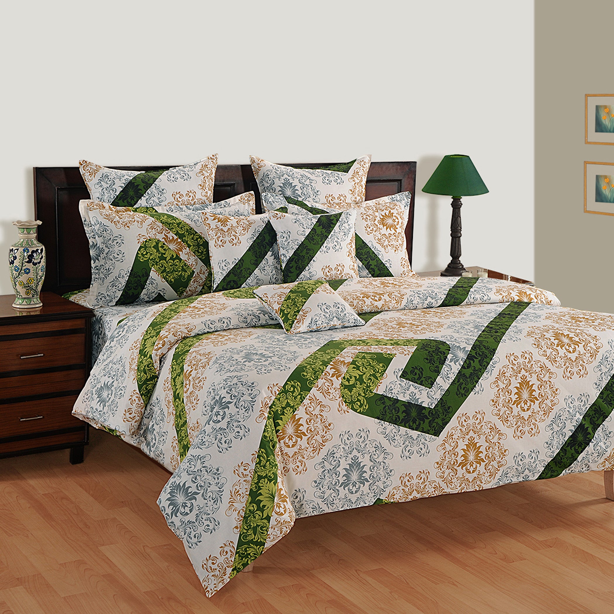 Olive Crest White & Green Damask Geometric 160 TC Pure Cotton Bedsheet with Pillow Cover