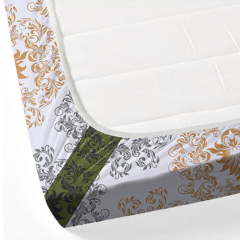 Olive Crest White & Green Damask Geometric 160 TC Pure Cotton Bedsheet with Pillow Cover