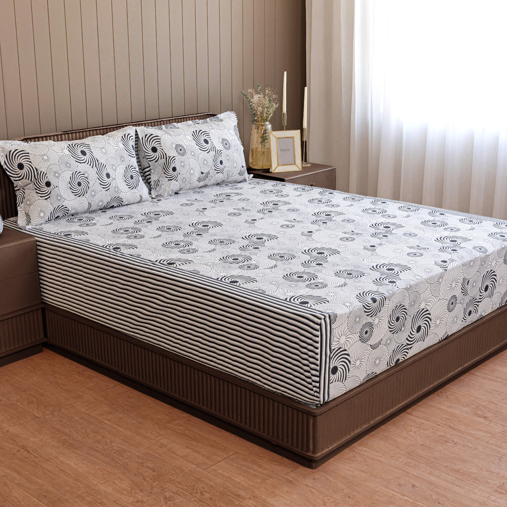Midnight Swirl White & Navy Blue Geometric 160 TC Pure Cotton Bedsheet with Pillow Cover