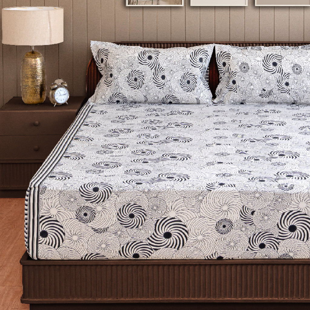 Midnight Swirl White & Navy Blue Geometric 160 TC Pure Cotton Bedsheet with Pillow Cover