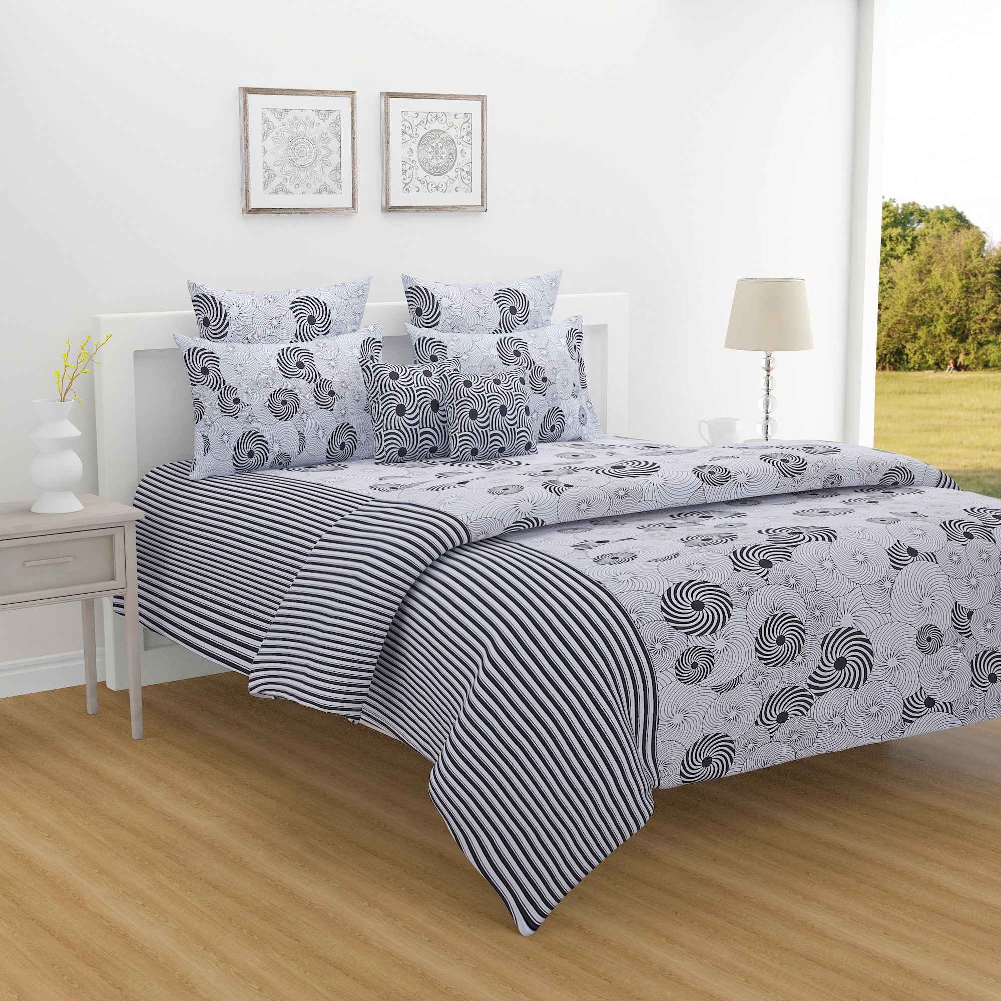Midnight Swirl White & Navy Blue Geometric 160 TC Pure Cotton Bedsheet with Pillow Cover