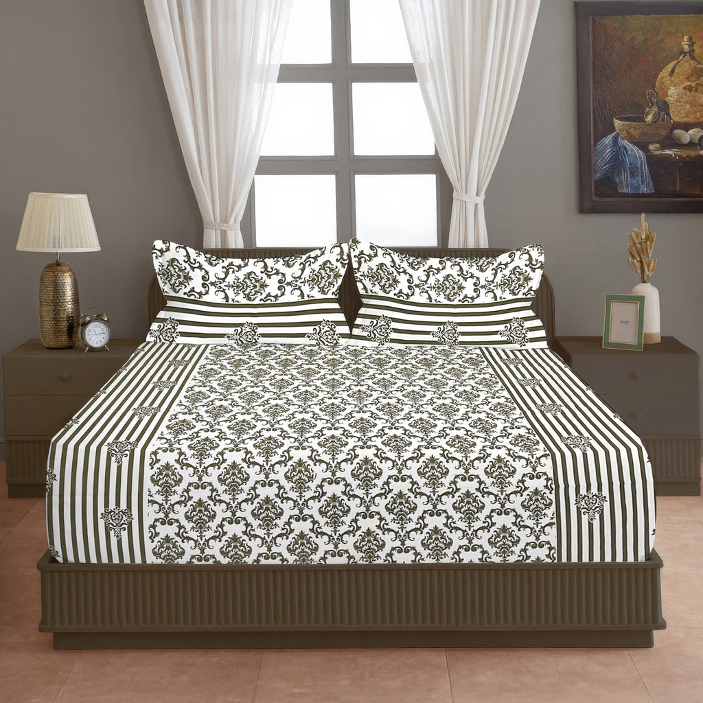 Regal Damask White & Olive Green 160 TC Pure Cotton Fitted Bedsheet with Pillow Cover