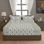 Regal Damask White & Olive Green 160 TC Pure Cotton Fitted Bedsheet with Pillow Cover