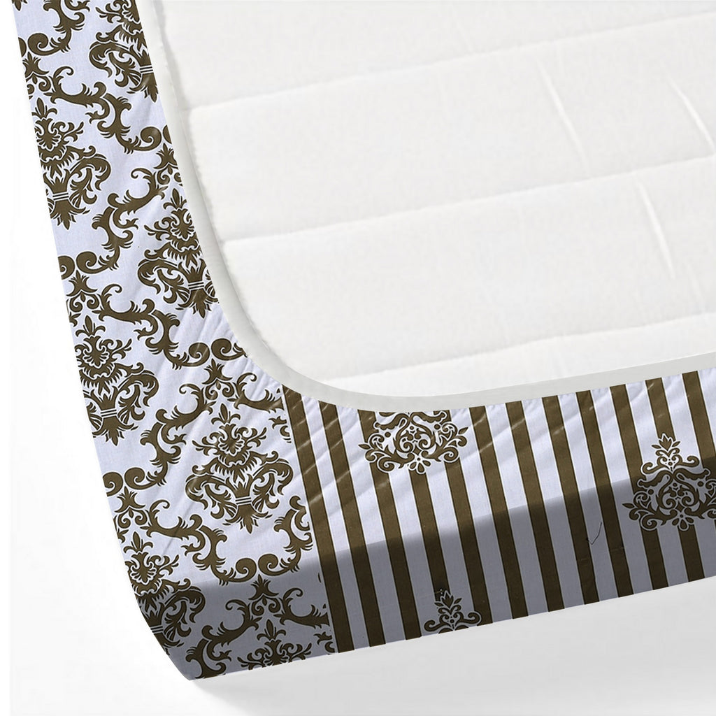 Regal Damask White & Olive Green 160 TC Pure Cotton Fitted Bedsheet with Pillow Cover