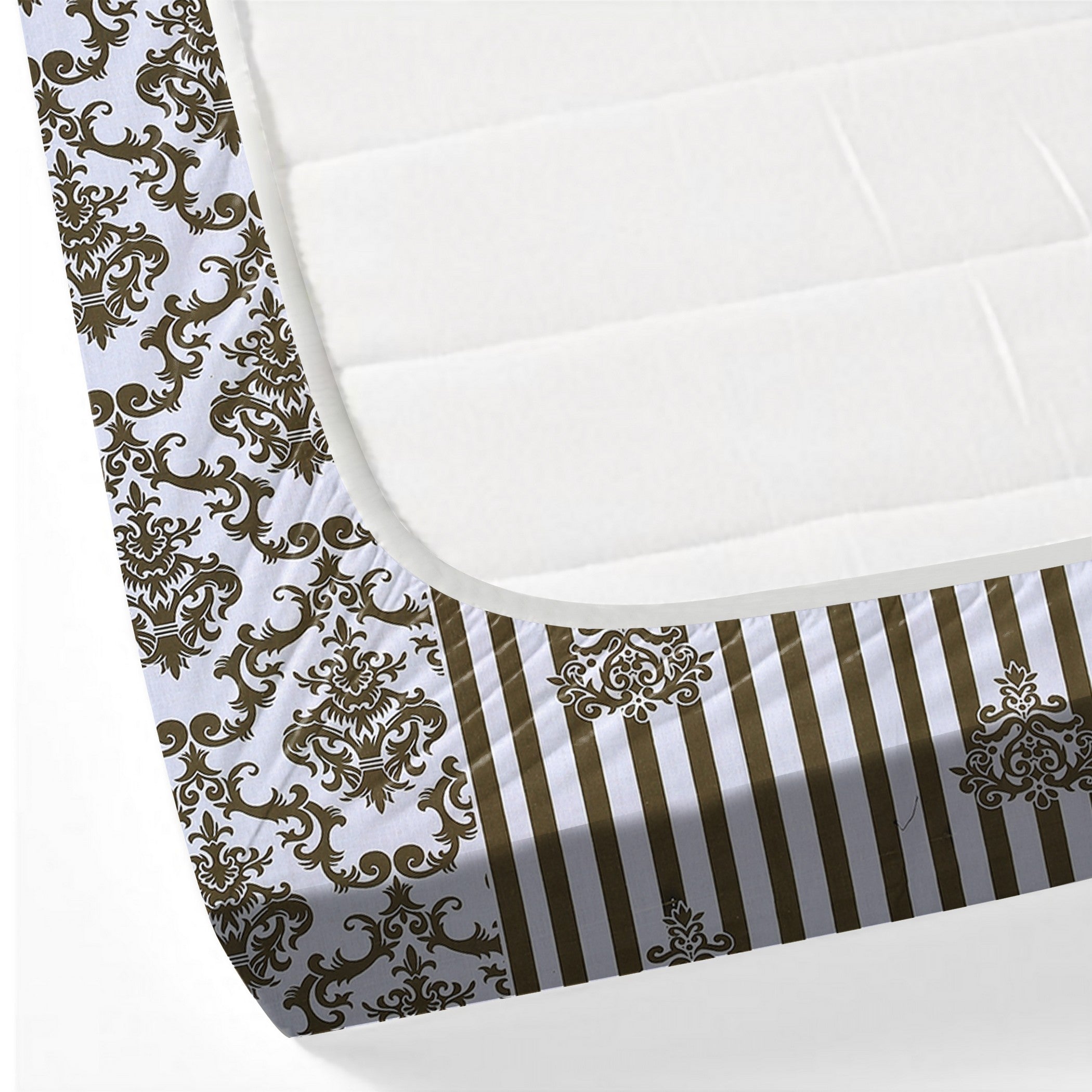 Regal Damask White & Olive Green 160 TC Pure Cotton Fitted Bedsheet with Pillow Cover