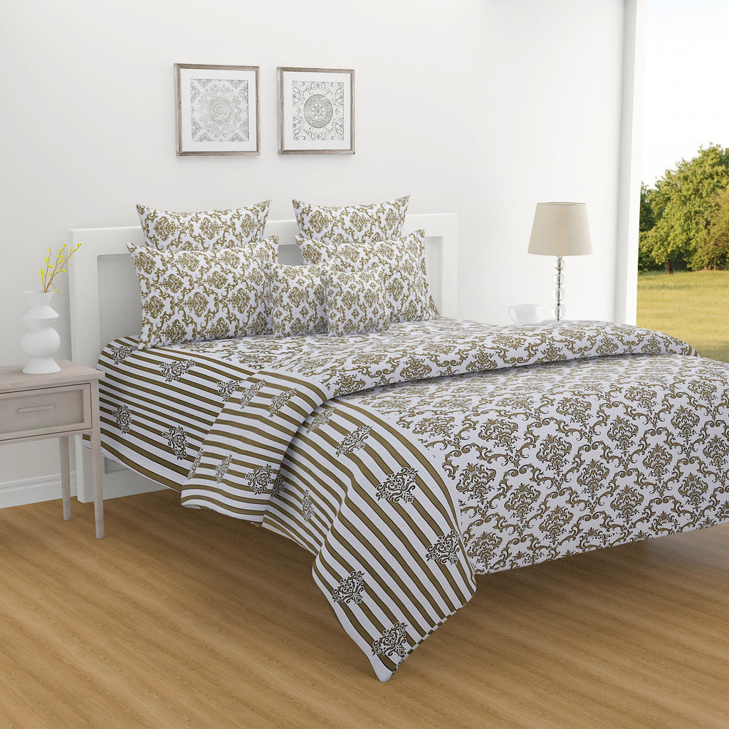 Regal Damask White & Olive Green 160 TC Pure Cotton Fitted Bedsheet with Pillow Cover