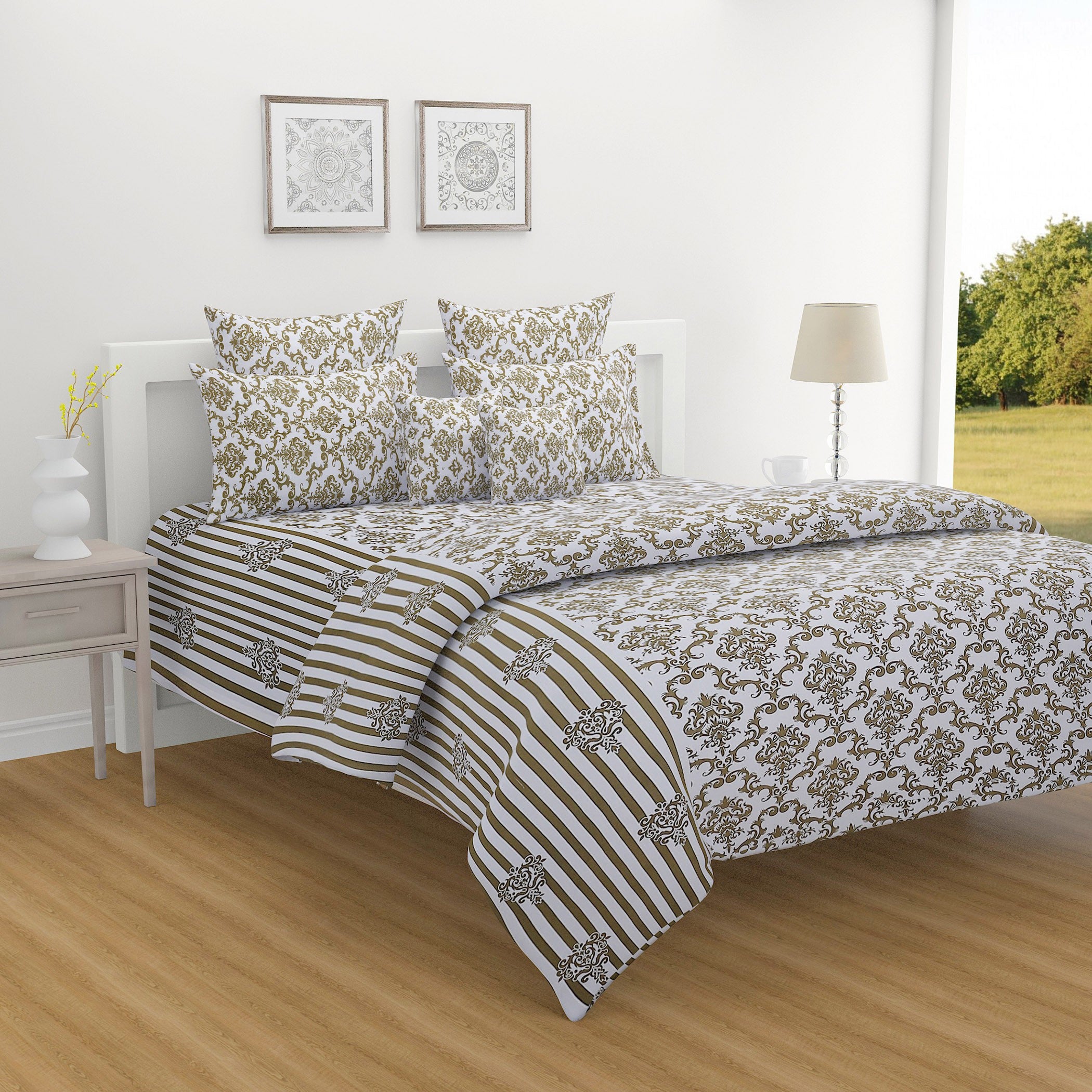 Regal Damask White & Olive Green 160 TC Pure Cotton Fitted Bedsheet with Pillow Cover
