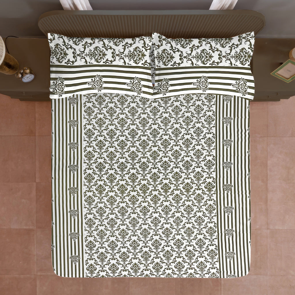 Regal Damask White & Olive Green 160 TC Pure Cotton Fitted Bedsheet with Pillow Cover