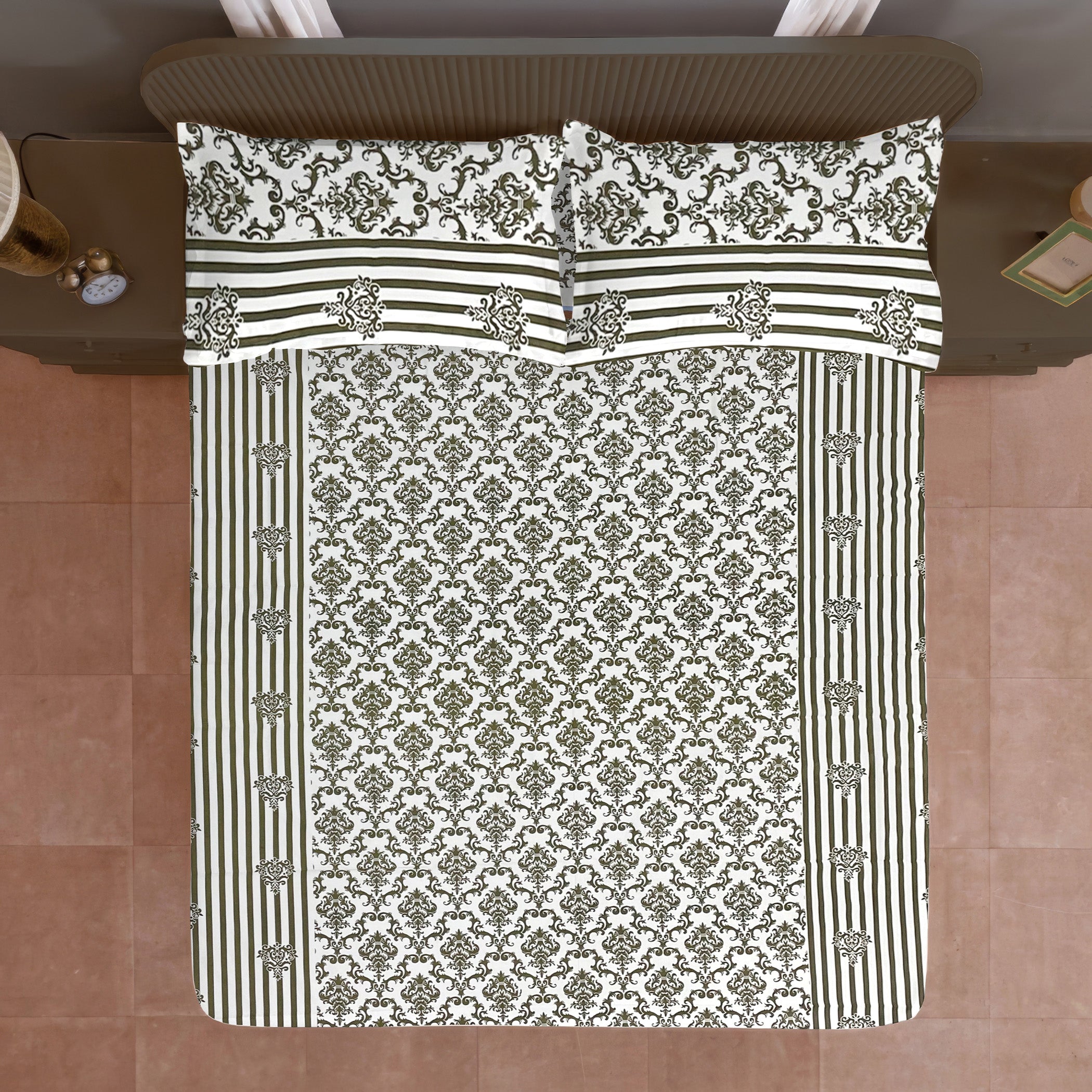 Regal Damask White & Olive Green 160 TC Pure Cotton Fitted Bedsheet with Pillow Cover