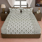 Regal Damask White & Olive Green 160 TC Pure Cotton Fitted Bedsheet with Pillow Cover