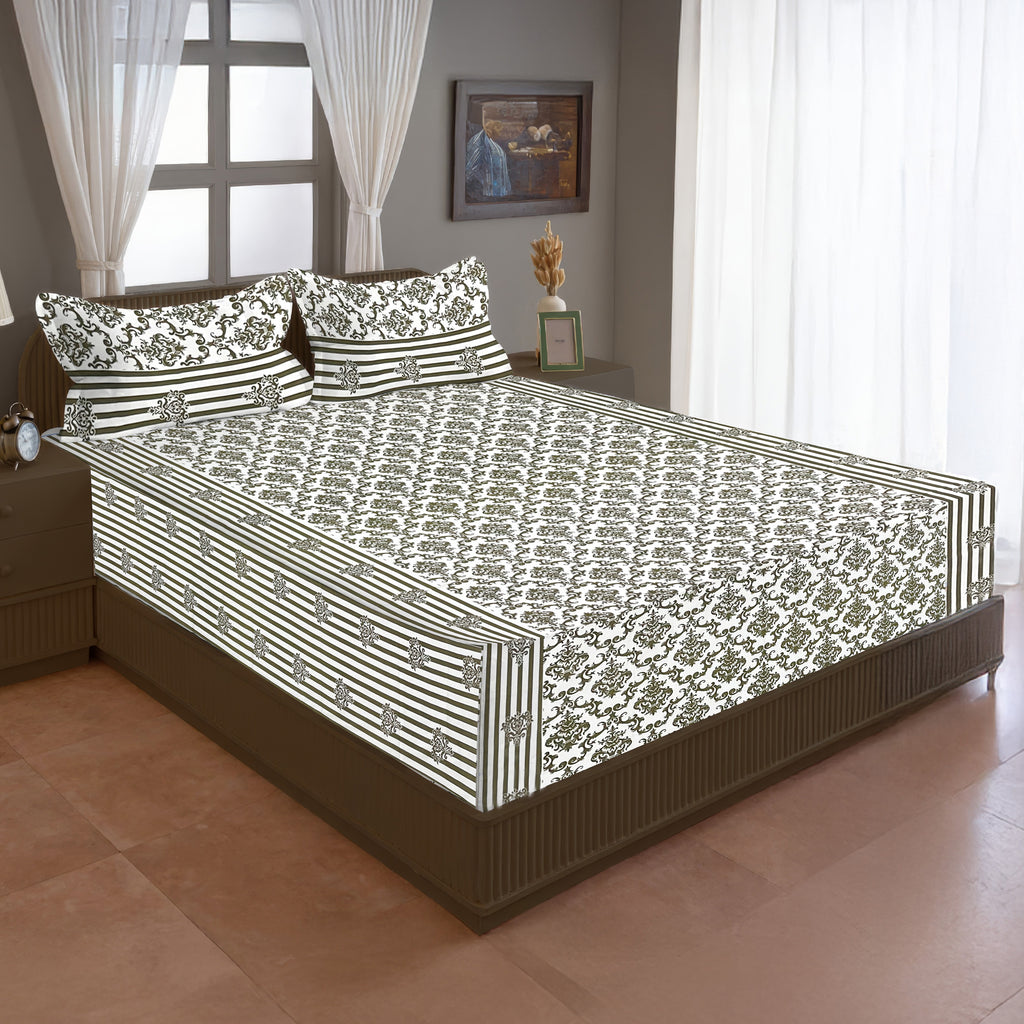 Regal Damask White & Olive Green 160 TC Pure Cotton Fitted Bedsheet with Pillow Cover