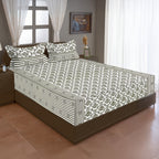 Regal Damask White & Olive Green 160 TC Pure Cotton Fitted Bedsheet with Pillow Cover