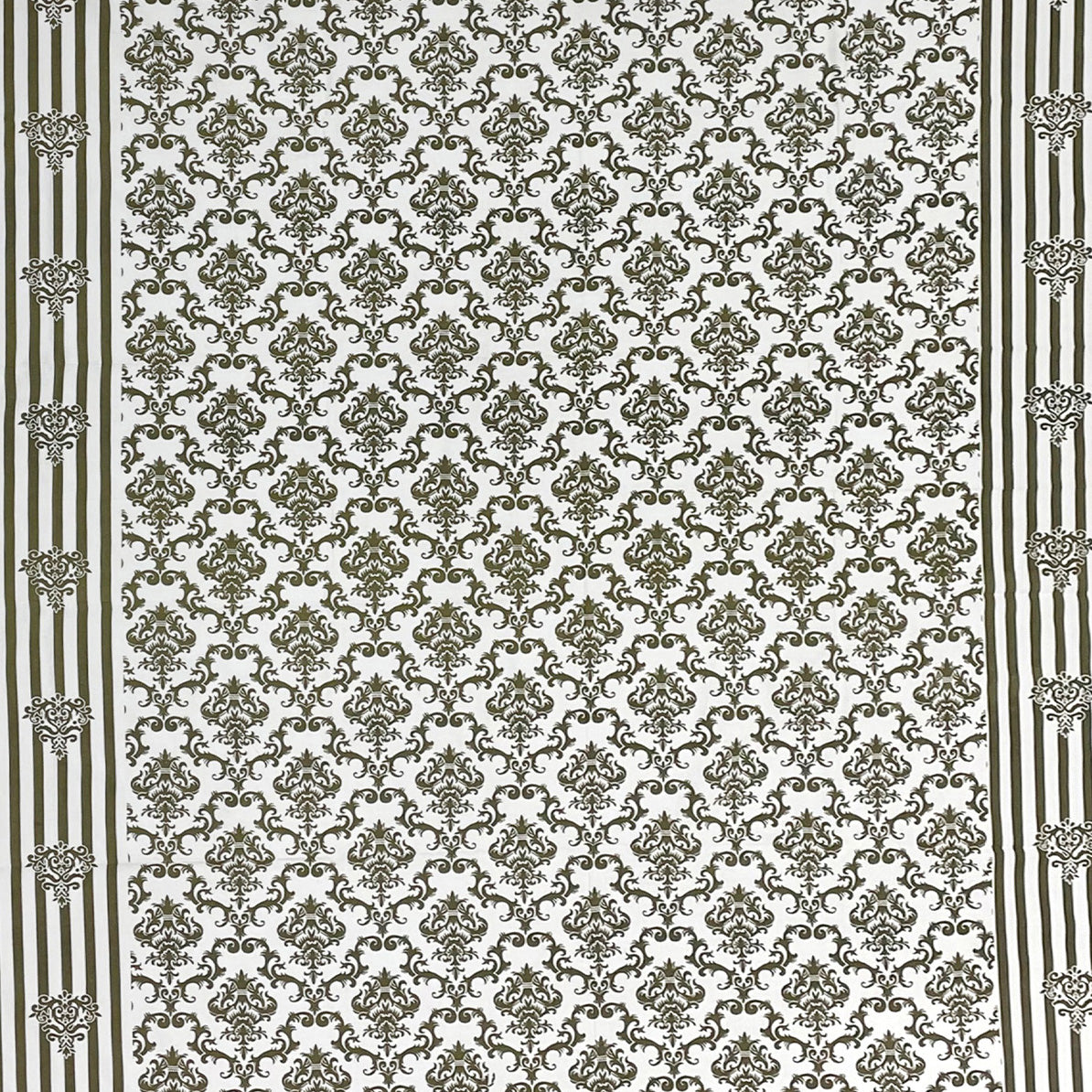 Regal Damask White & Olive Green 160 TC Pure Cotton Fitted Bedsheet with Pillow Cover