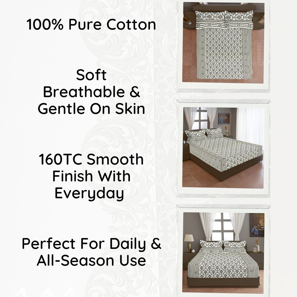 Regal Damask White & Olive Green 160 TC Pure Cotton Fitted Bedsheet with Pillow Cover