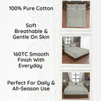 Regal Damask White & Olive Green 160 TC Pure Cotton Fitted Bedsheet with Pillow Cover