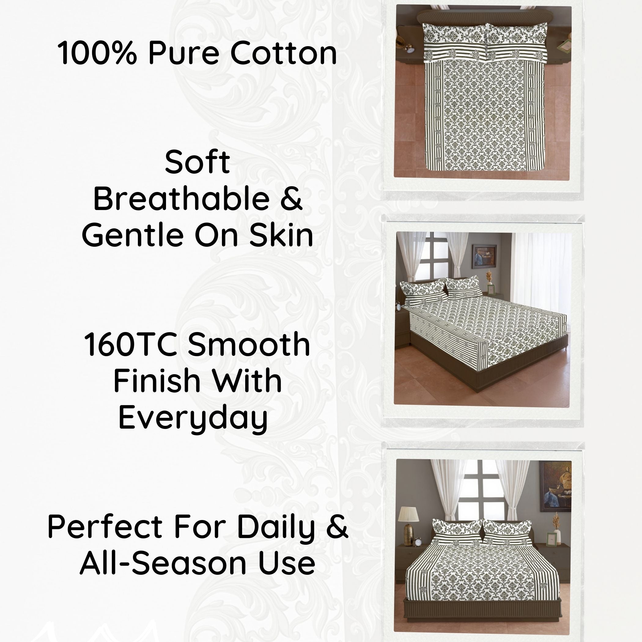 Regal Damask White & Olive Green 160 TC Pure Cotton Fitted Bedsheet with Pillow Cover