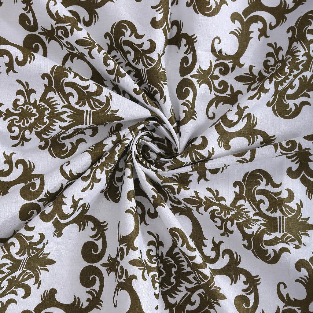 Regal Damask White & Olive Green 160 TC Pure Cotton Fitted Bedsheet with Pillow Cover