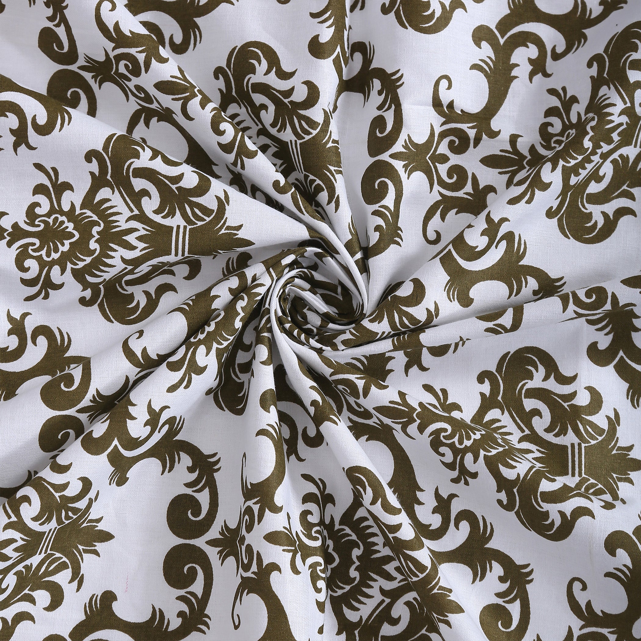 Regal Damask White & Olive Green 160 TC Pure Cotton Fitted Bedsheet with Pillow Cover