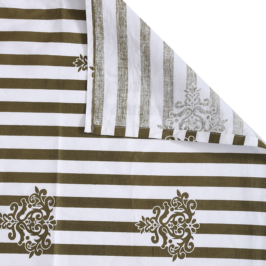 Regal Damask White & Olive Green 160 TC Pure Cotton Fitted Bedsheet with Pillow Cover