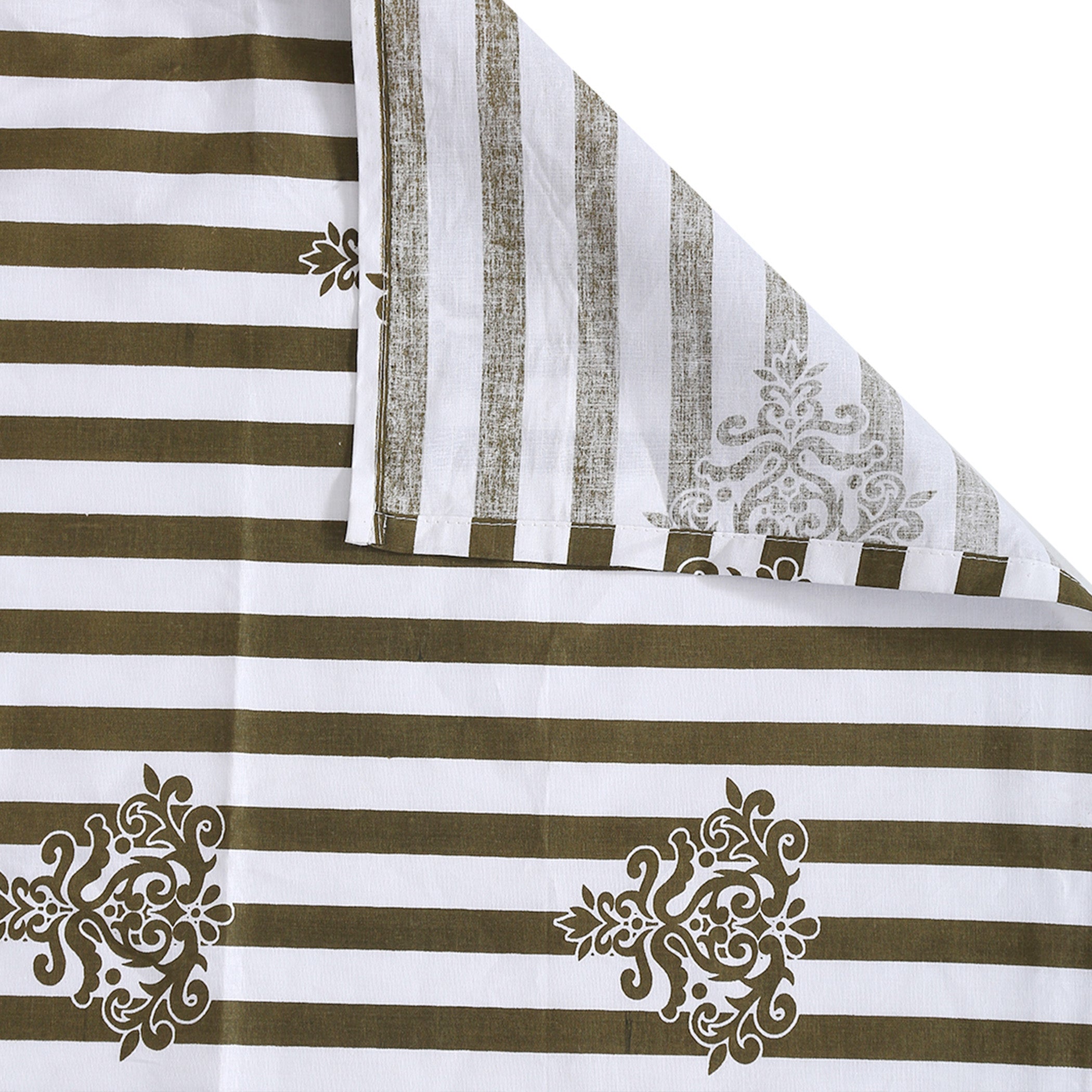 Regal Damask White & Olive Green 160 TC Pure Cotton Fitted Bedsheet with Pillow Cover
