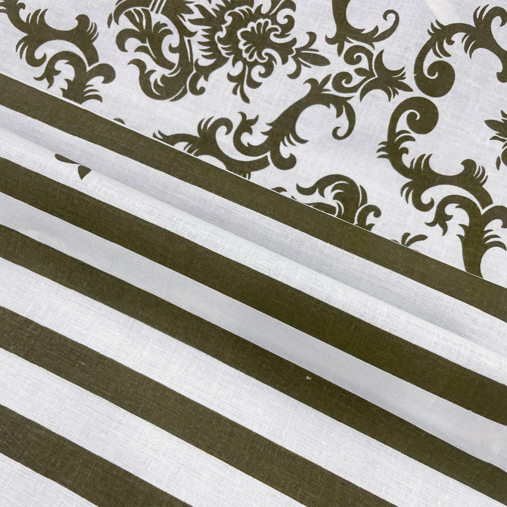Regal Damask White & Olive Green 160 TC Pure Cotton Fitted Bedsheet with Pillow Cover