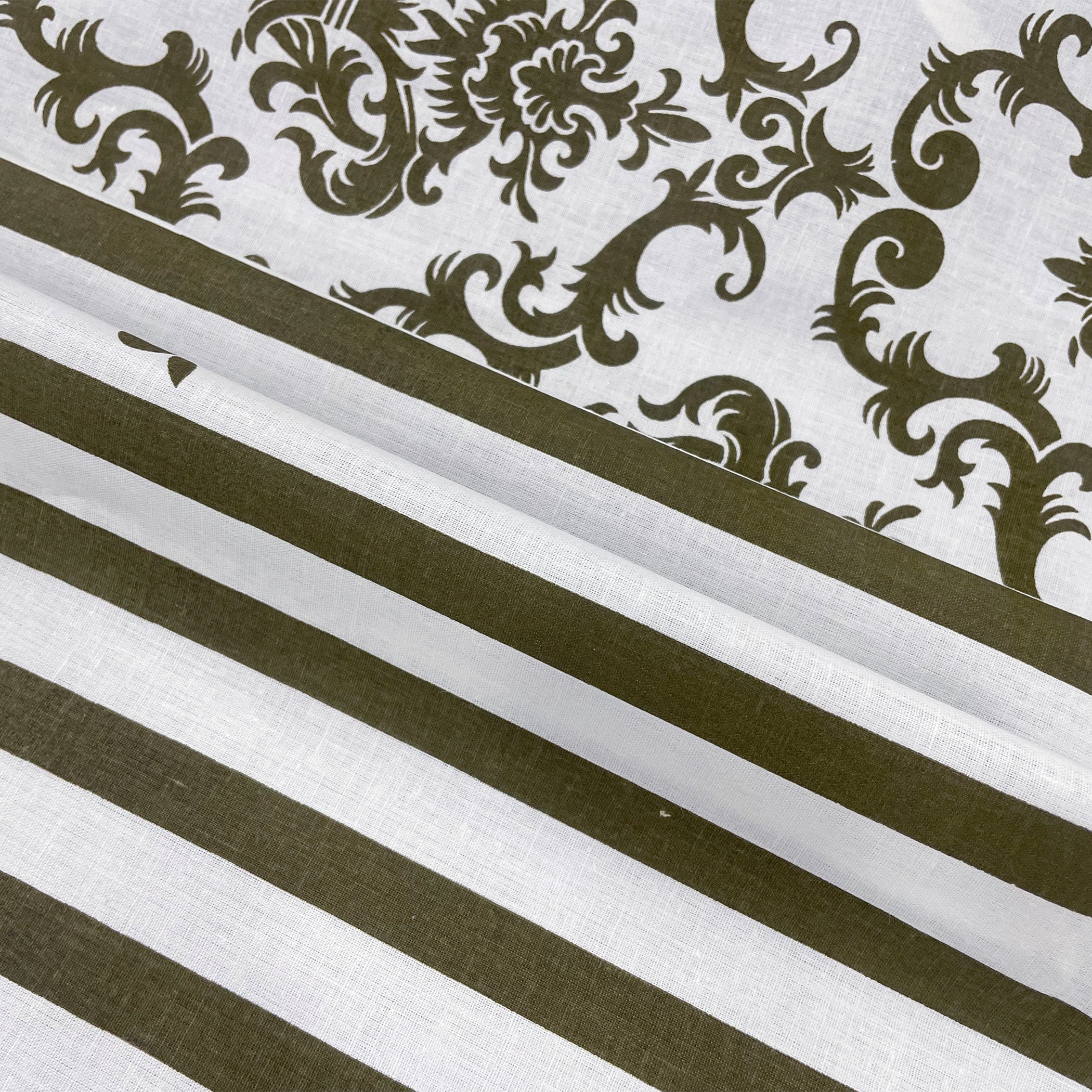 Regal Damask White & Olive Green 160 TC Pure Cotton Fitted Bedsheet with Pillow Cover