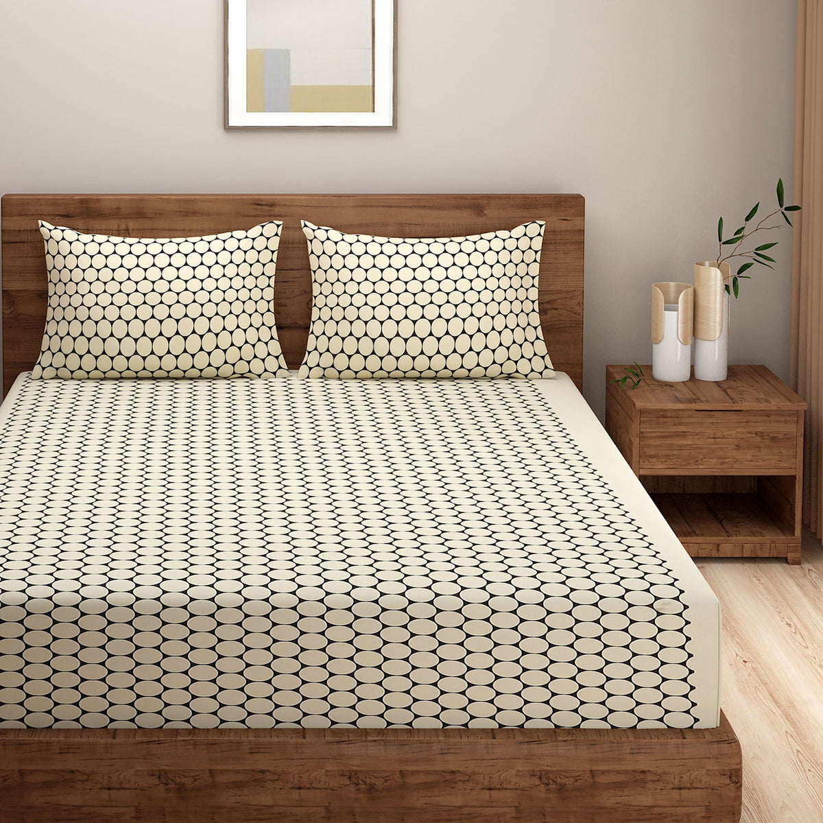 Ivory Black Pebble Waves 144 TC Pure Cotton Bedsheet Set with Pillow Cover
