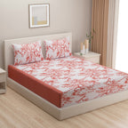 Coral Blossom White & Coral Floral 160 TC Pure Cotton Bedsheet with Pillow Cover