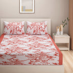Coral Blossom White & Coral Floral 160 TC Pure Cotton Bedsheet with Pillow Cover