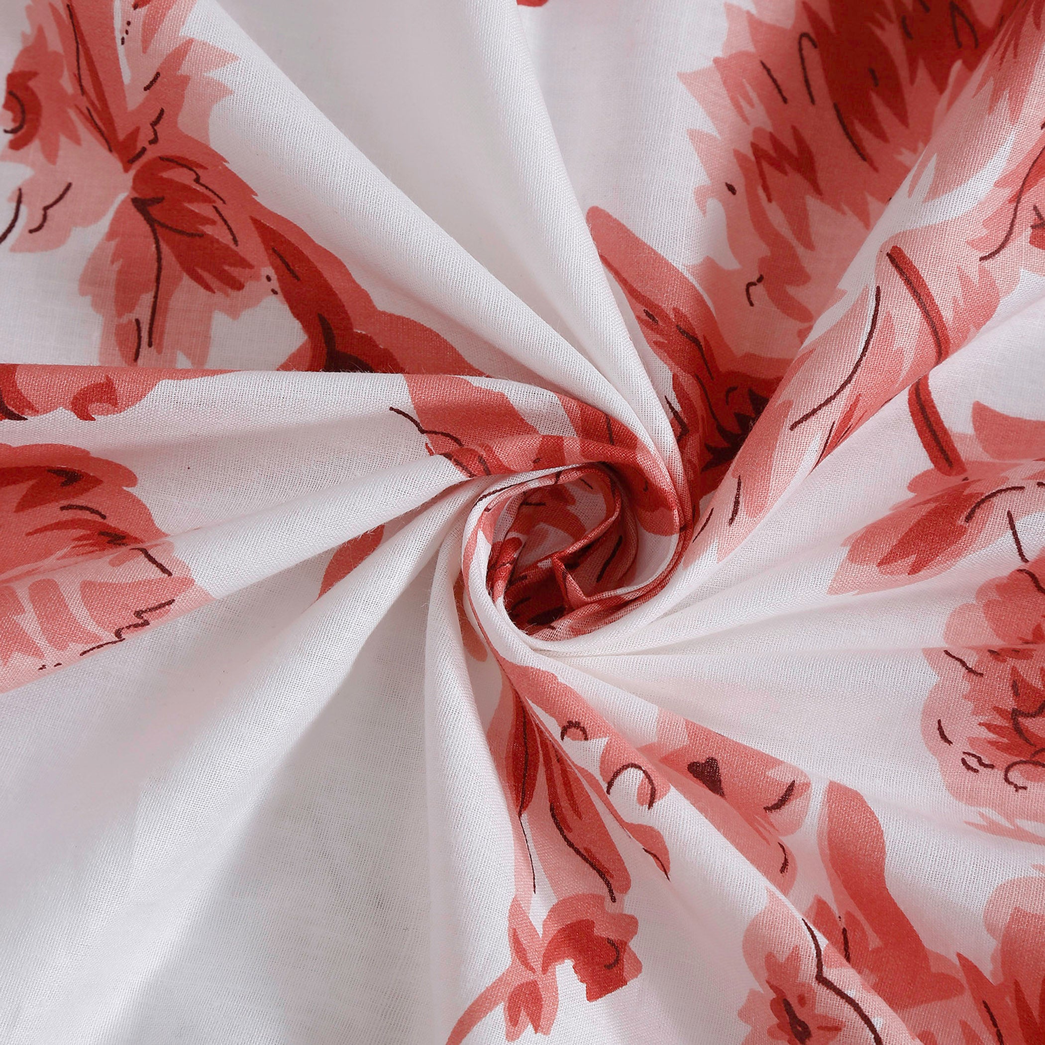 Coral Blossom White & Coral Floral 160 TC Pure Cotton Bedsheet with Pillow Cover