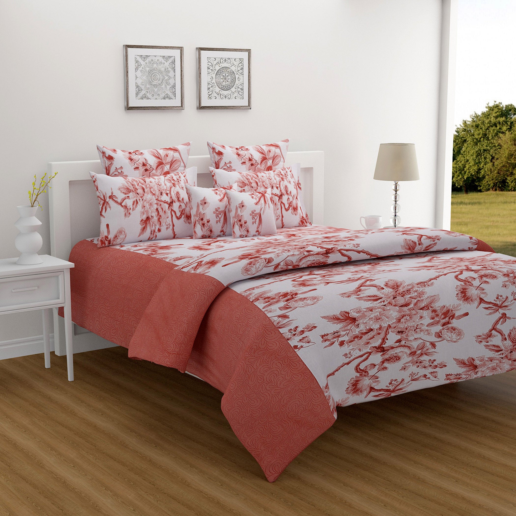 Coral Blossom White & Coral Floral 160 TC Pure Cotton Bedsheet with Pillow Cover