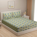 Meadow Daisy White & Green Floral 160 TC Pure Cotton Fitted Bedsheet with Pillow Cover