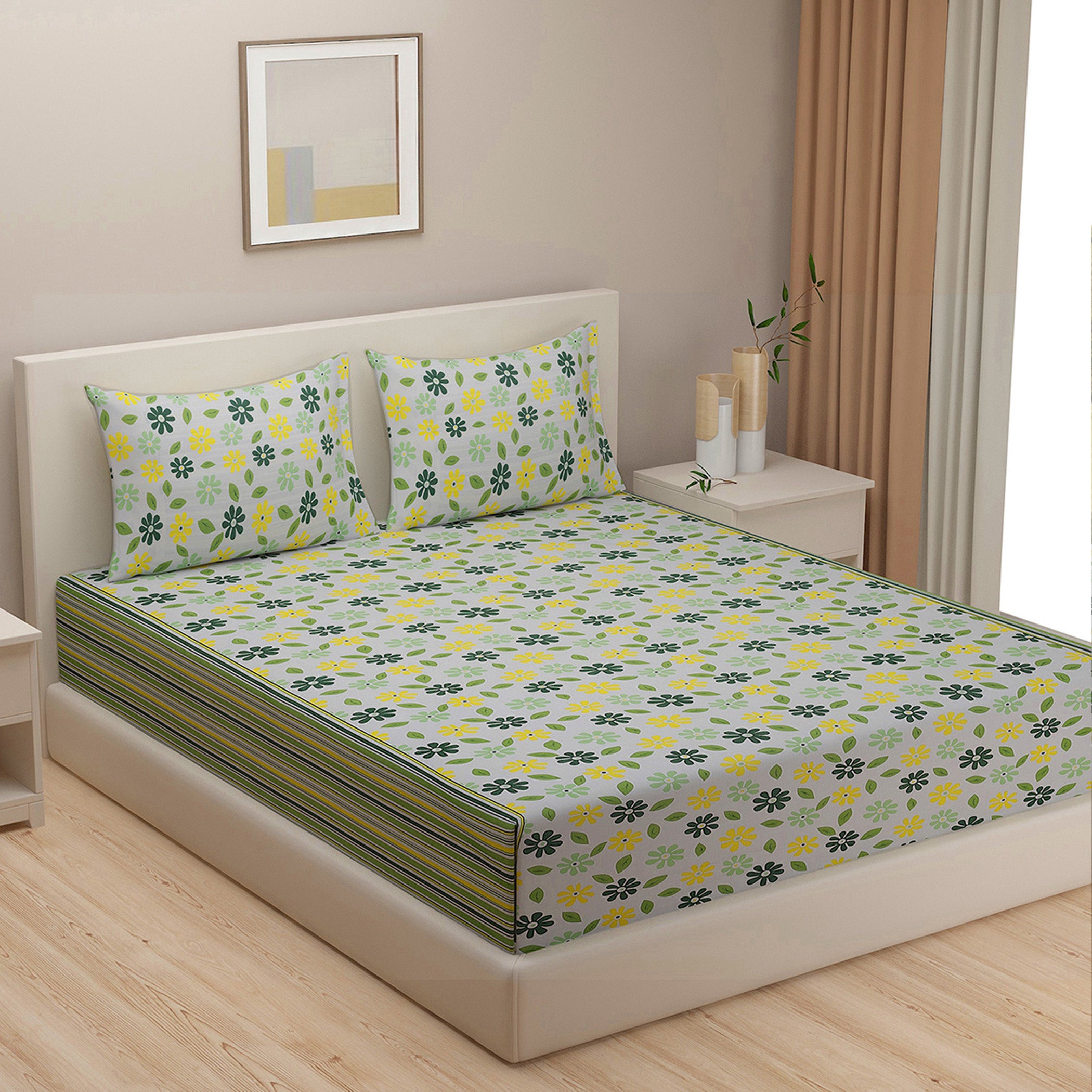 Meadow Daisy White & Green Floral 160 TC Pure Cotton Fitted Bedsheet with Pillow Cover