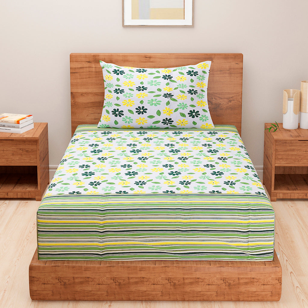 Meadow Daisy White & Green Floral 160 TC Pure Cotton Fitted Bedsheet with Pillow Cover