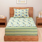 Meadow Daisy White & Green Floral 160 TC Pure Cotton Fitted Bedsheet with Pillow Cover