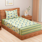 Meadow Daisy White & Green Floral 160 TC Pure Cotton Fitted Bedsheet with Pillow Cover