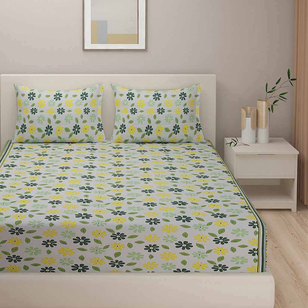 Meadow Daisy White & Green Floral 160 TC Pure Cotton Fitted Bedsheet with Pillow Cover