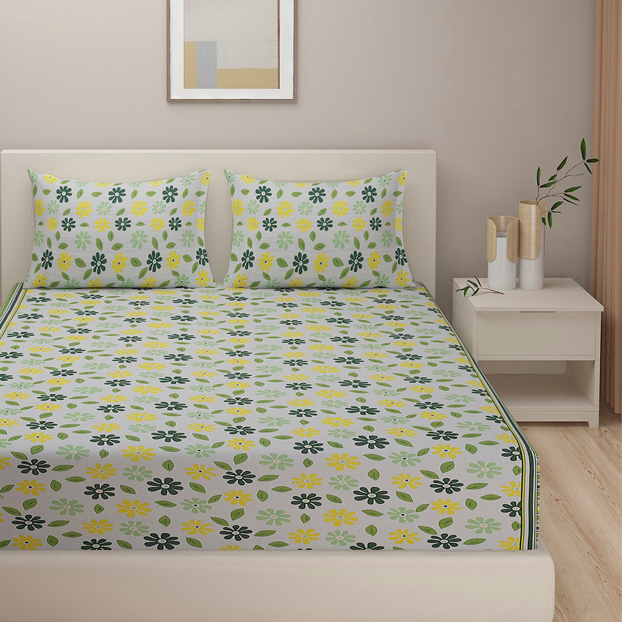 Meadow Daisy White & Green Floral 160 TC Pure Cotton Fitted Bedsheet with Pillow Cover