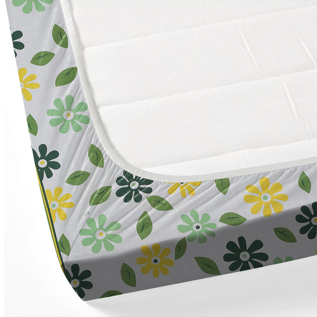 Meadow Daisy White & Green Floral 160 TC Pure Cotton Fitted Bedsheet with Pillow Cover