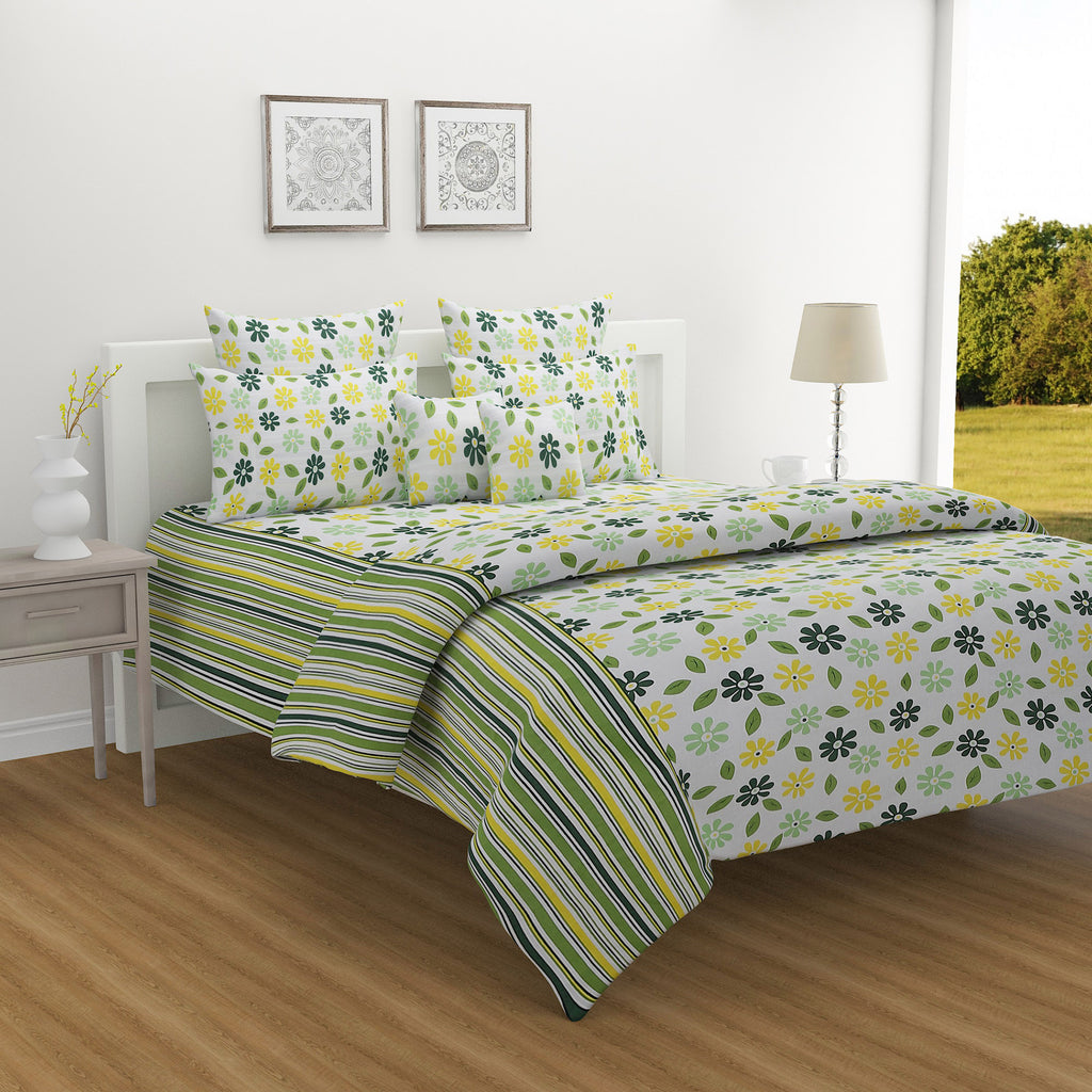 Meadow Daisy White & Green Floral 160 TC Pure Cotton Fitted Bedsheet with Pillow Cover
