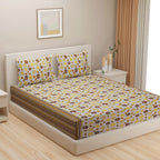 Sunshine Daisy White & Mustard Floral 160 TC Pure Cotton Fitted Bedsheet with Pillow Cover
