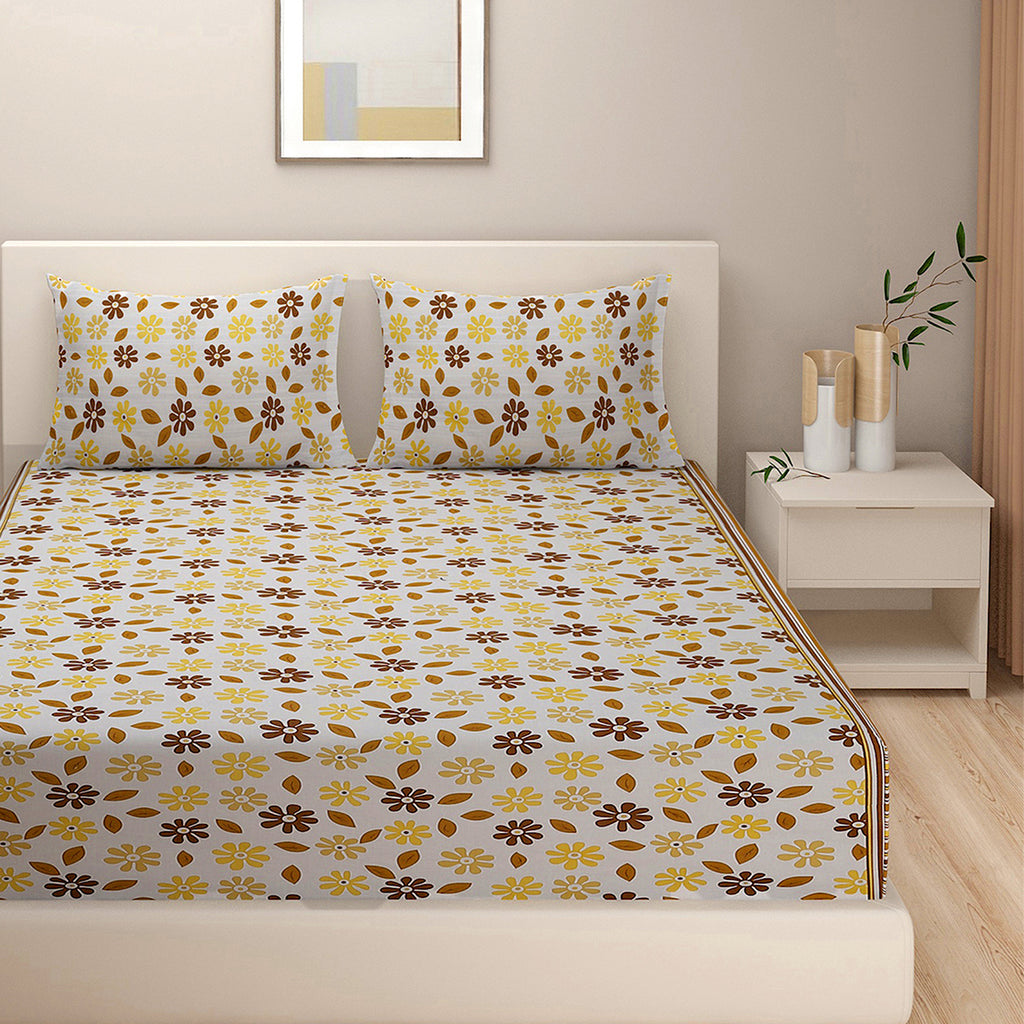Sunshine Daisy White & Mustard Floral 160 TC Pure Cotton Fitted Bedsheet with Pillow Cover