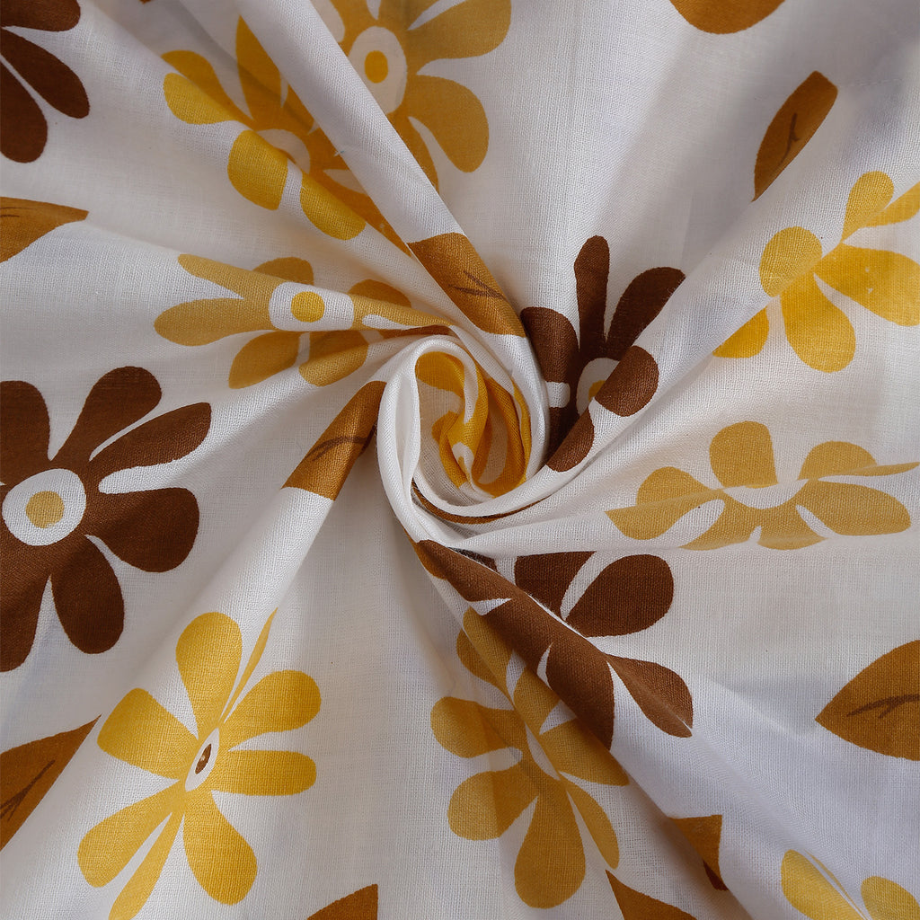 Sunshine Daisy White & Mustard Floral 160 TC Pure Cotton Fitted Bedsheet with Pillow Cover