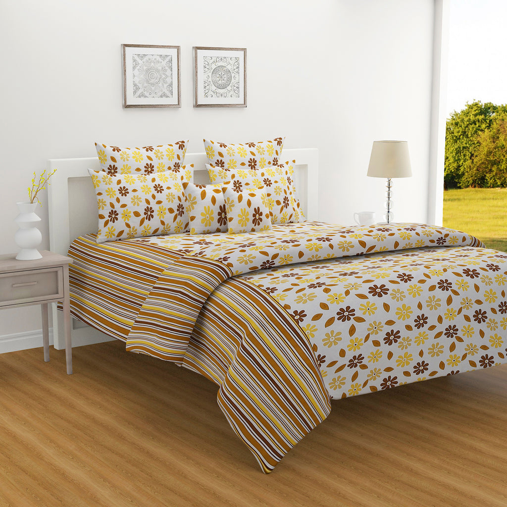 Sunshine Daisy White & Mustard Floral 160 TC Pure Cotton Fitted Bedsheet with Pillow Cover