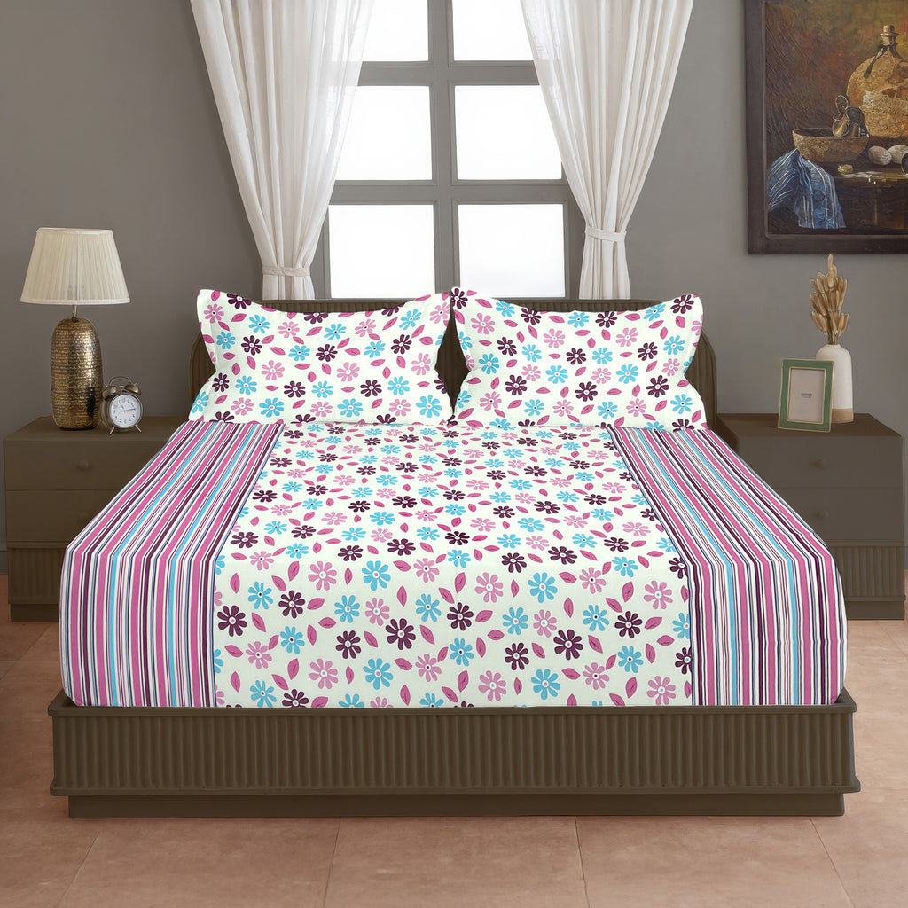 Ivory Vineyard Cream & Grey Botanical 160 TC Pure Cotton Fitted Bedsheet with Pillow Cover
